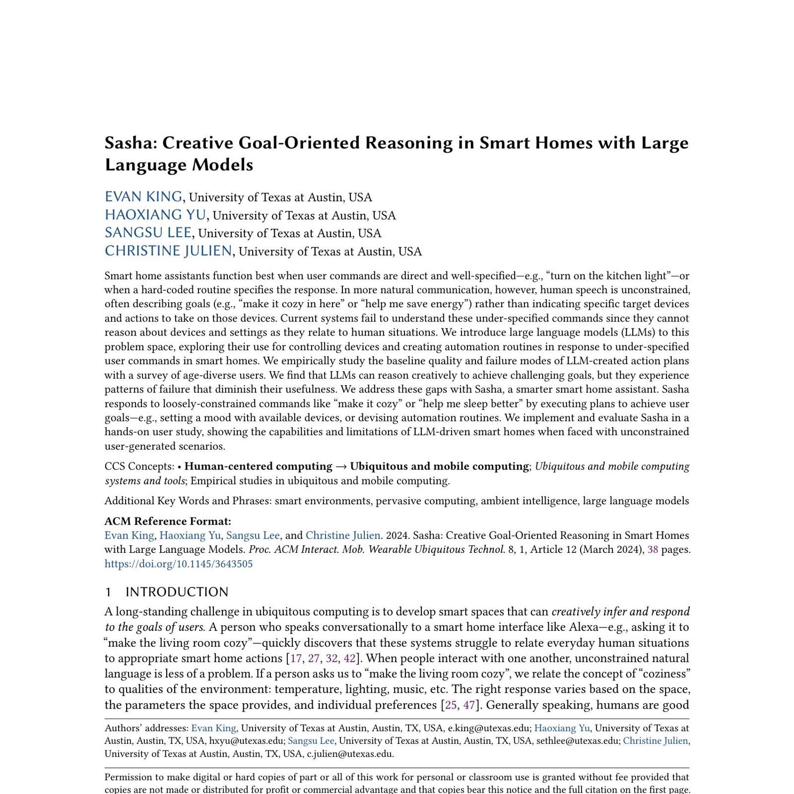 Sasha: Introducing LLMs for smart spaces